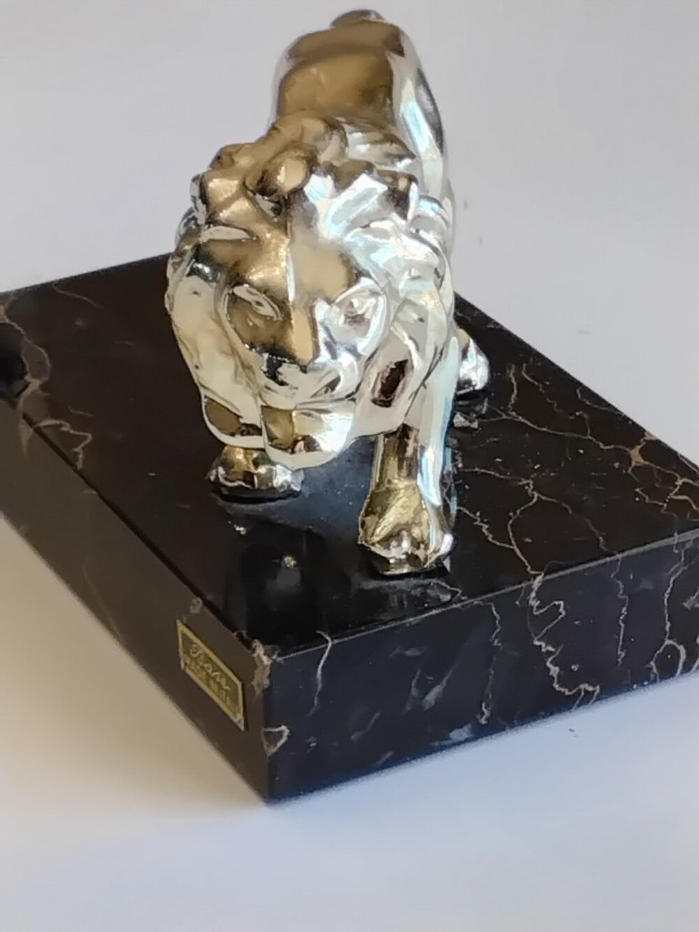 Vintage Silver-Toned Lions Club International Lion Figurine on Italian Marble Ba